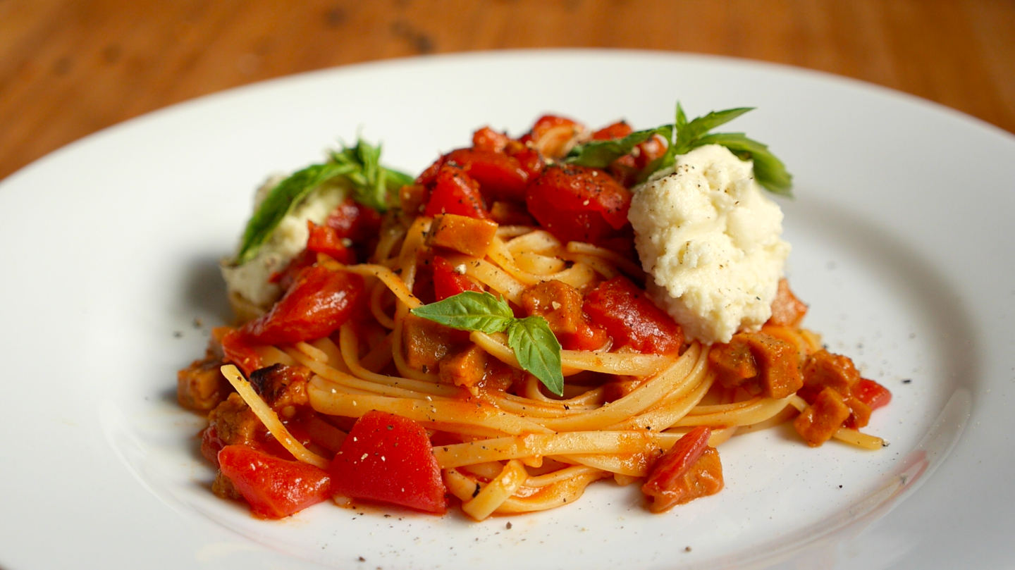 Easy Vegan Pasta with Vegan Meaty Red Sauce